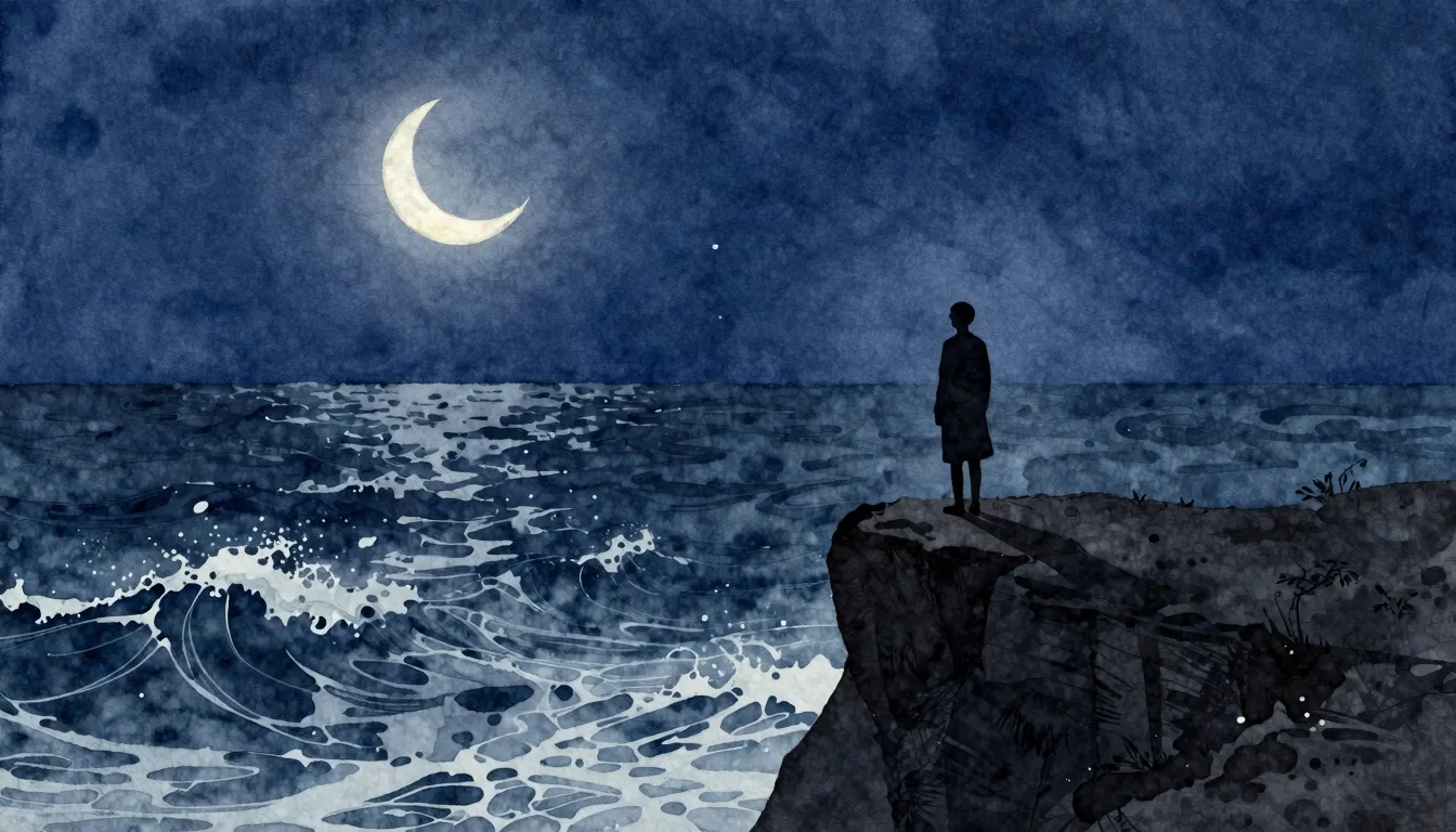 Watercolor style. A dark silhouette of a lonely figure stand...