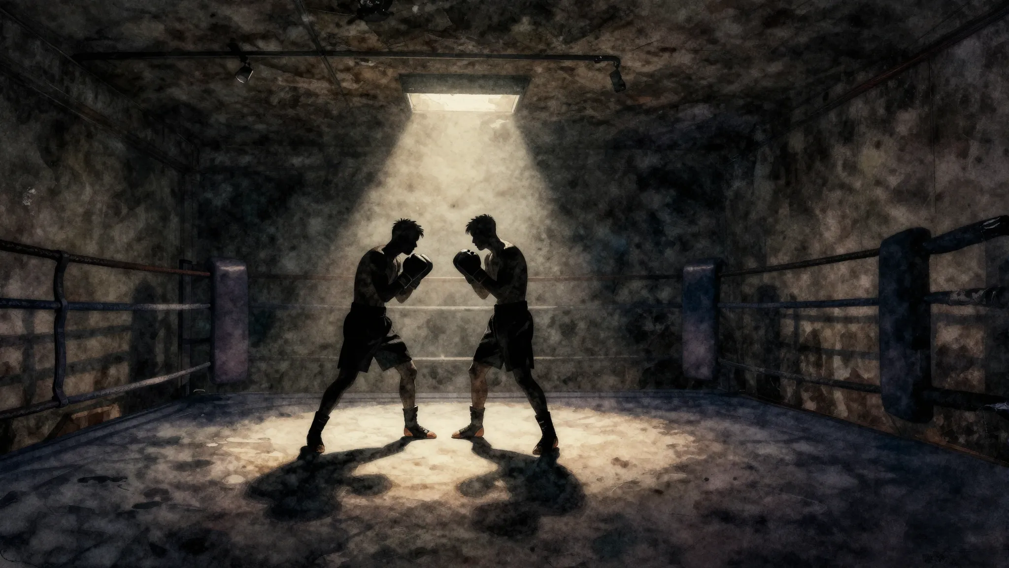 Watercolor style. Dark underground room, boxing ring illumin...