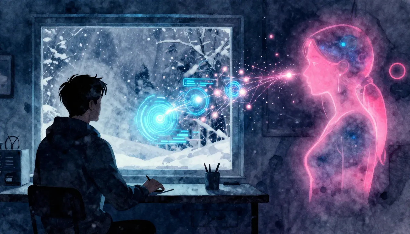 Watercolor style. Silhouette of a man looking at a glowing s...