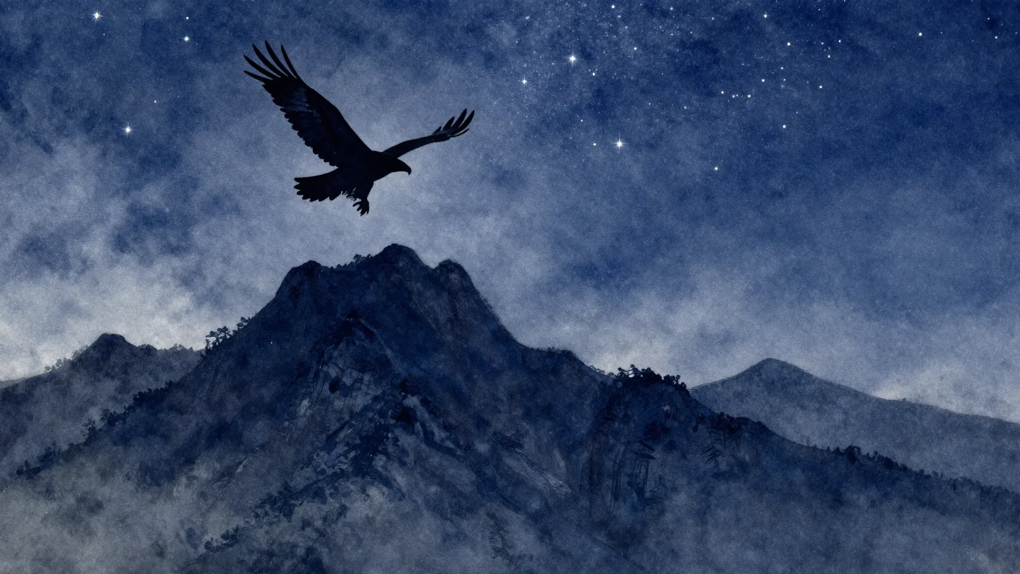 Watercolor style. A majestic silhouette of mountain peaks un...