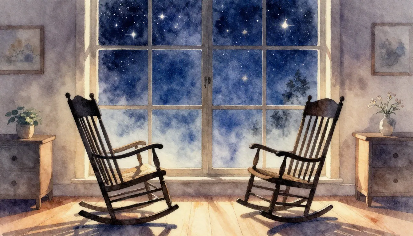 Watercolor style. A cozy room with a large window showing a ...