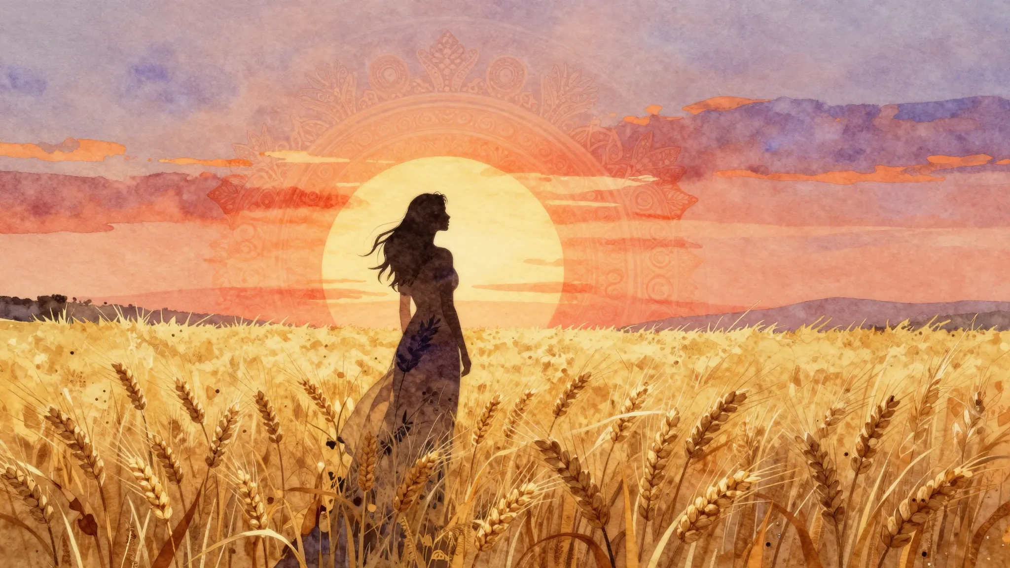 Watercolor style. A silhouette of a woman standing in a vast...