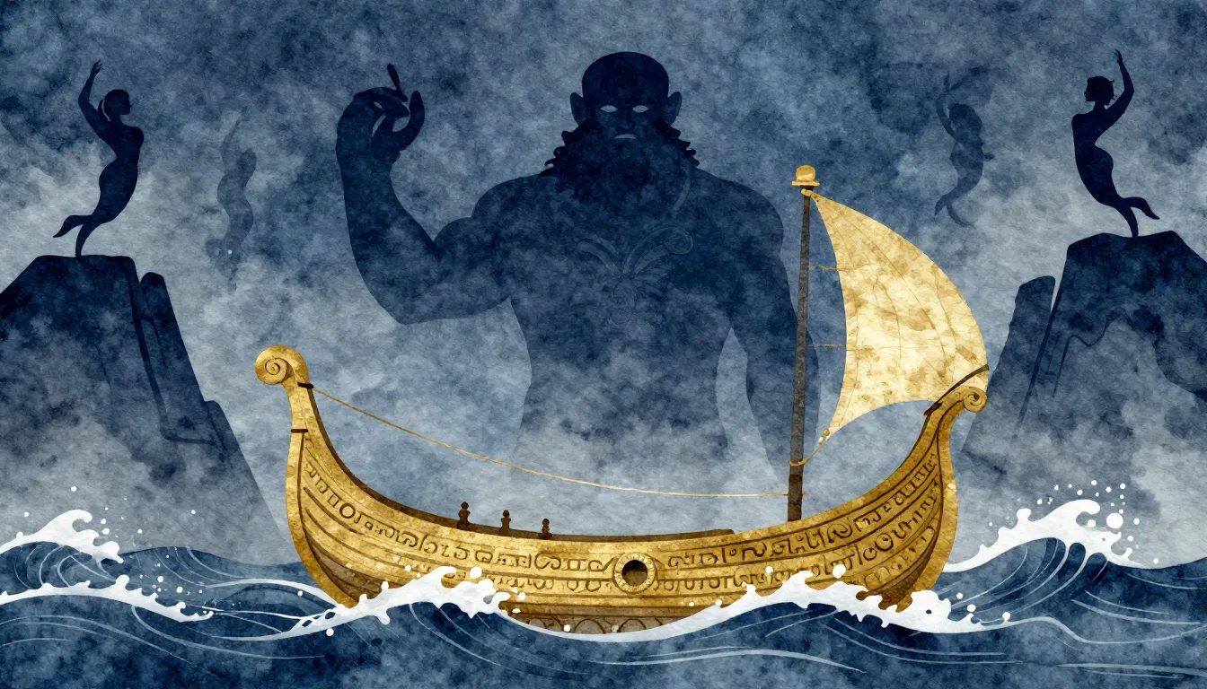 Watercolor style. Ancient Greek ship sailing through stormy ...