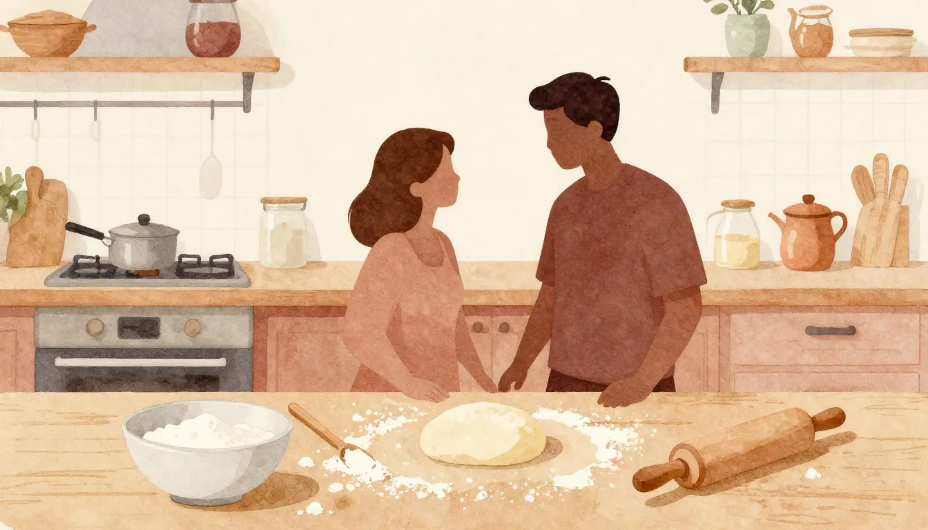 Watercolor style. A kitchen table with a bowl of dough, flou...