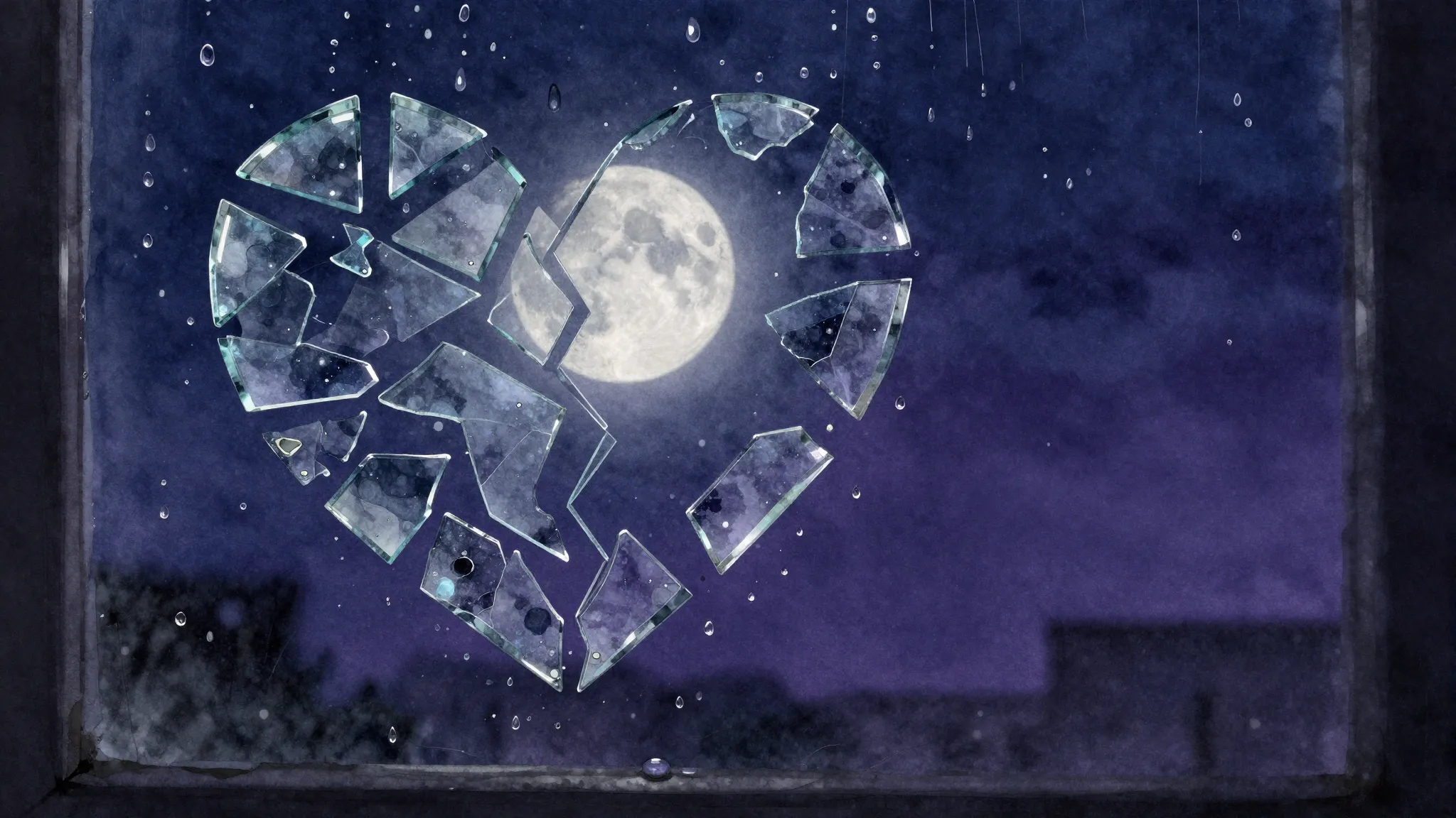 Watercolor style. A silhouette of a broken heart made of gla...