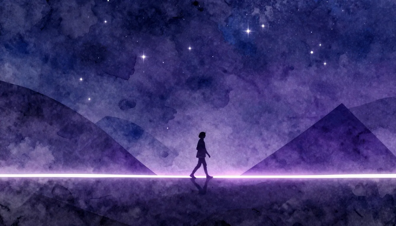 Watercolor style. A silhouette of a person walking along a g...