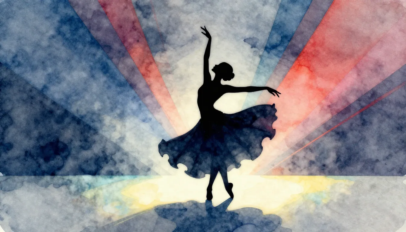 Watercolor style. A dark silhouette of a graceful figure dan...