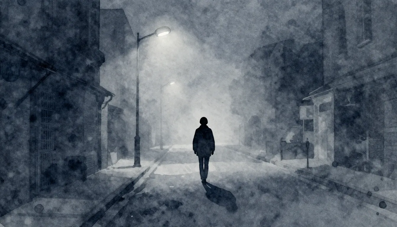 Watercolor style. A lonely silhouette of a person walking aw...