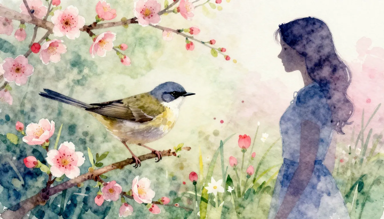 Vibrant watercolor style. Spring awakening, nightingale, blo...