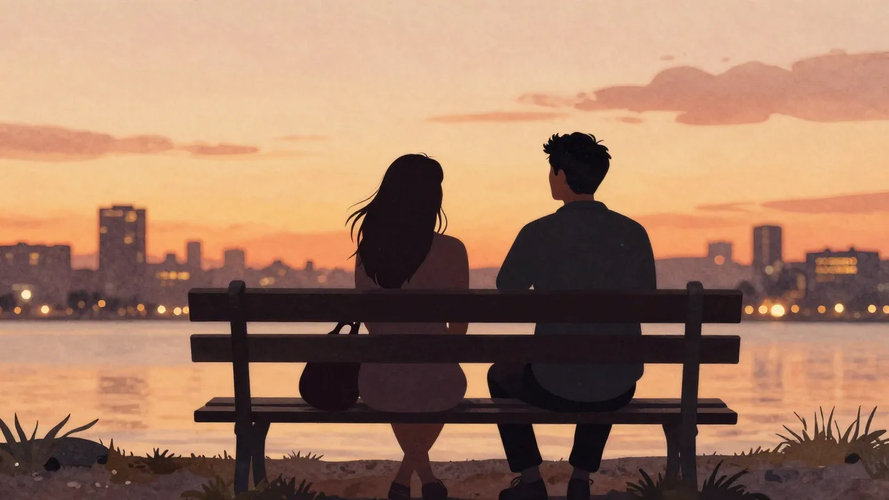 Watercolor style. Silhouette of two lifelong friends sitting...