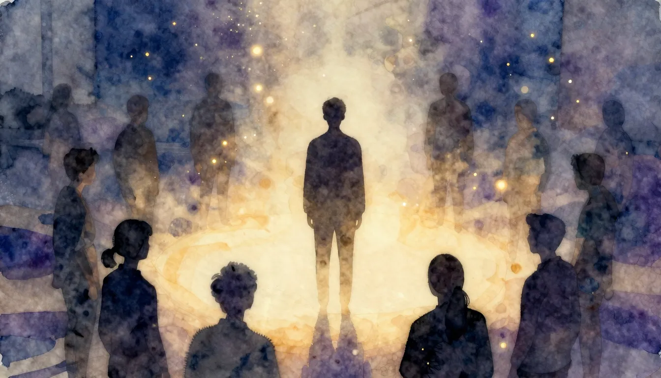 Watercolor style. A dark silhouette of a person stands in th...