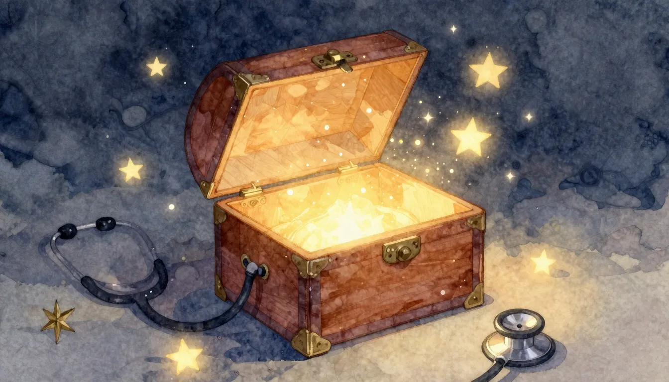 Watercolor style. A glowing time capsule box slightly open, ...