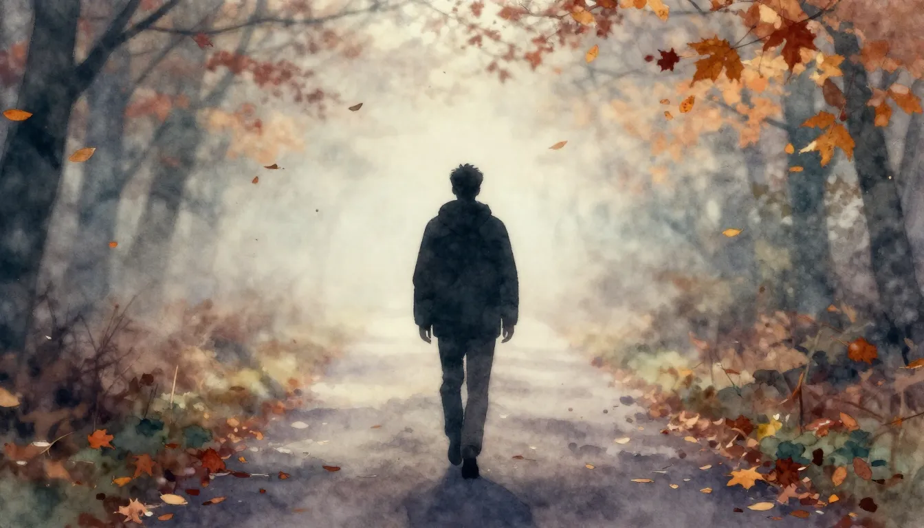 Watercolor style. A silhouette of a person walking away on a...