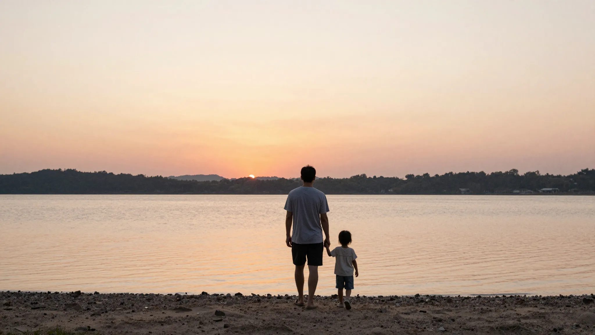 Watercolor style. A peaceful sunset over a calm lake, a silh...
