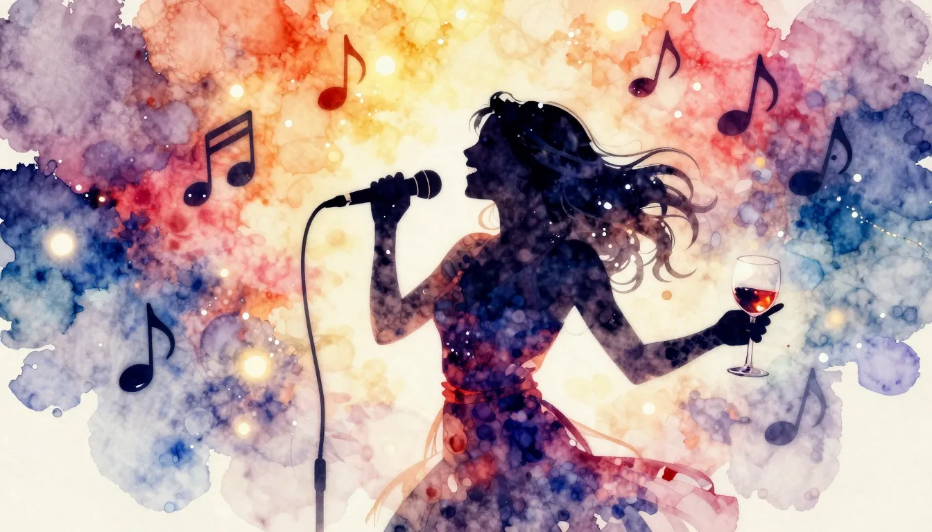 Watercolor style. A silhouette of a joyful woman dancing nea...