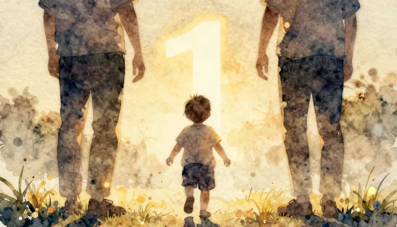 Watercolor style. A silhouette of a small child taking first...