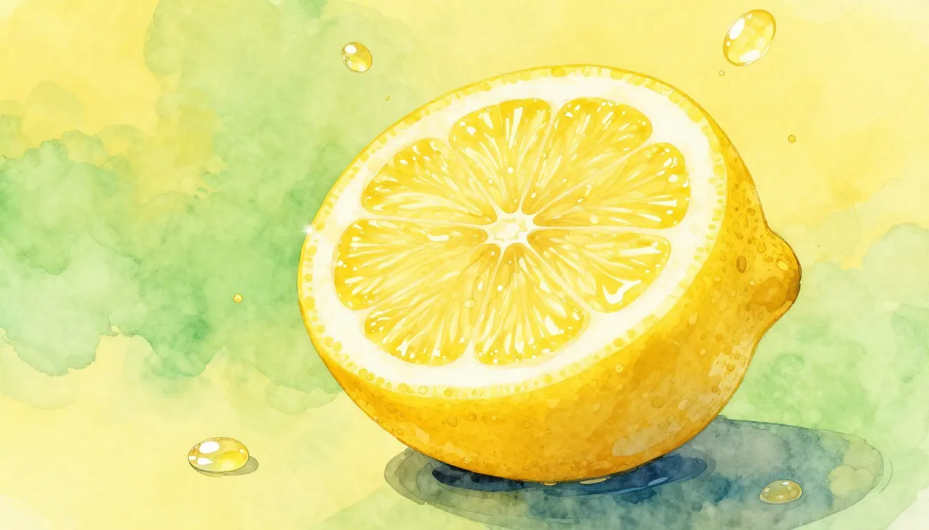 Watercolor style. A bright yellow lemon cut in half, sparkli...