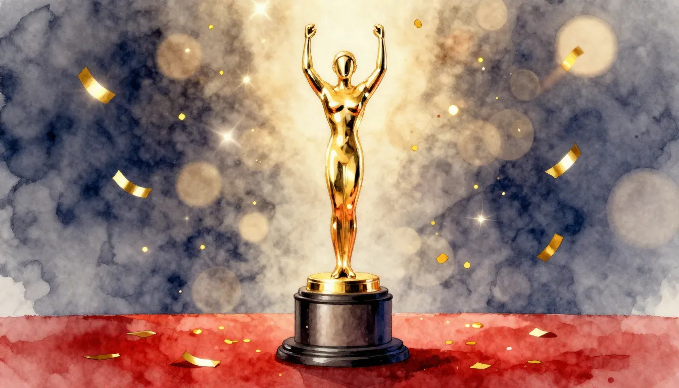 Watercolor style. A golden movie award statuette standing on...
