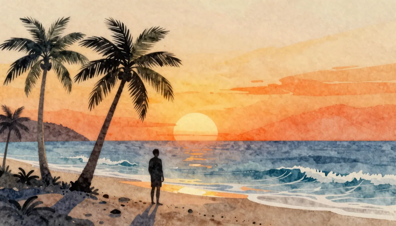 Watercolor style. Silhouette of a person standing on a tropi...