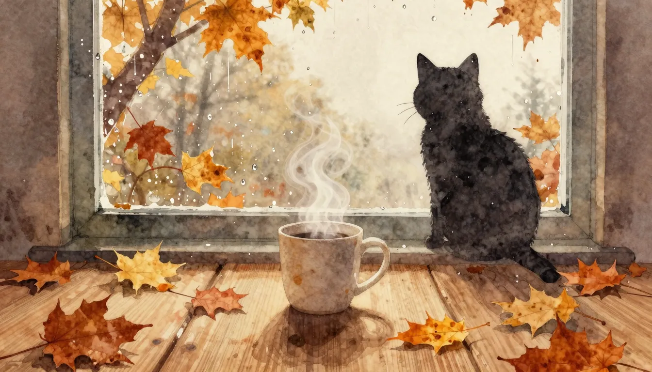 Watercolor style. A cozy autumn scene with a steaming mug on...