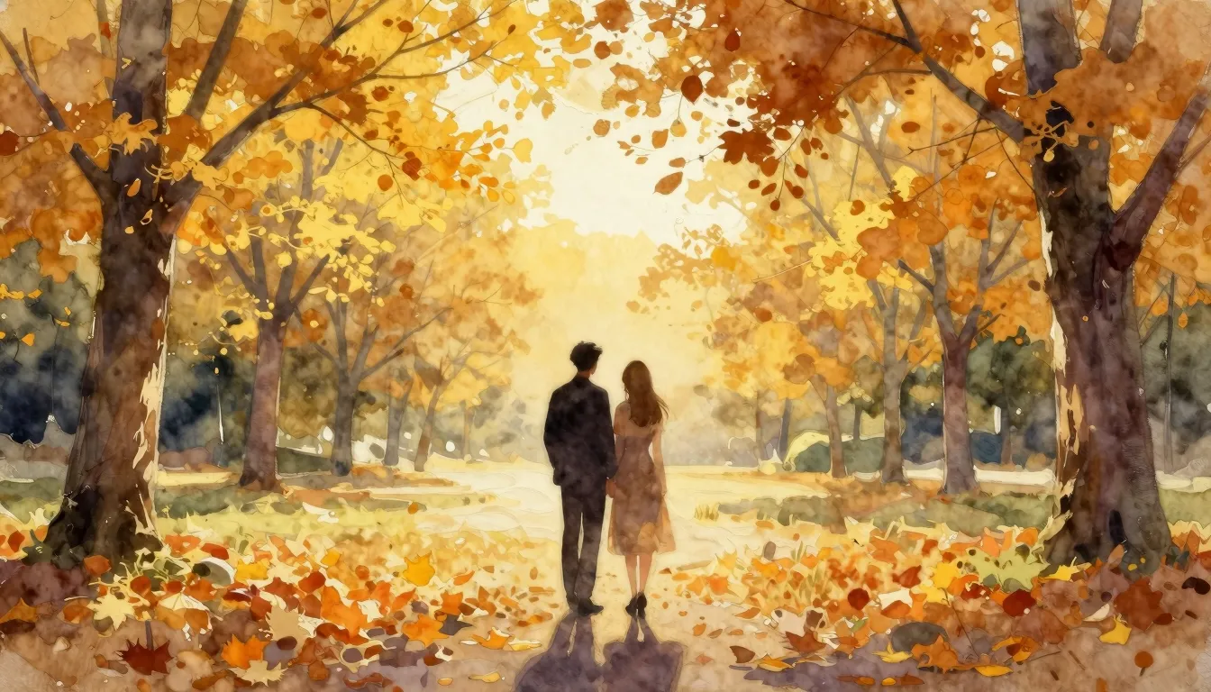 Watercolor style. A silhouette of a couple standing in a gol...
