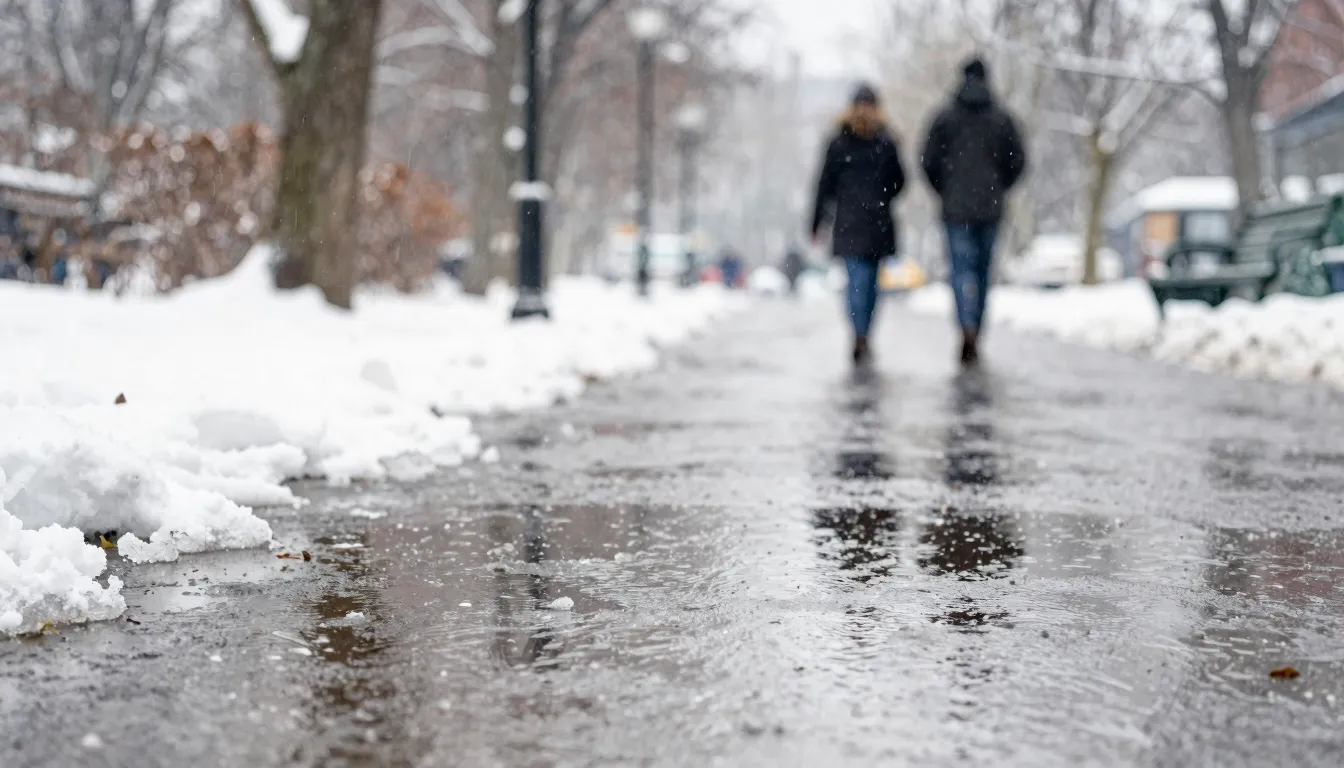 Watercolor style. Close-up of wet park ground with melting s...