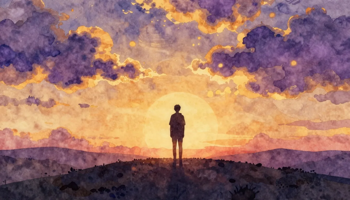 Watercolor style. A dark silhouette of a person standing on ...