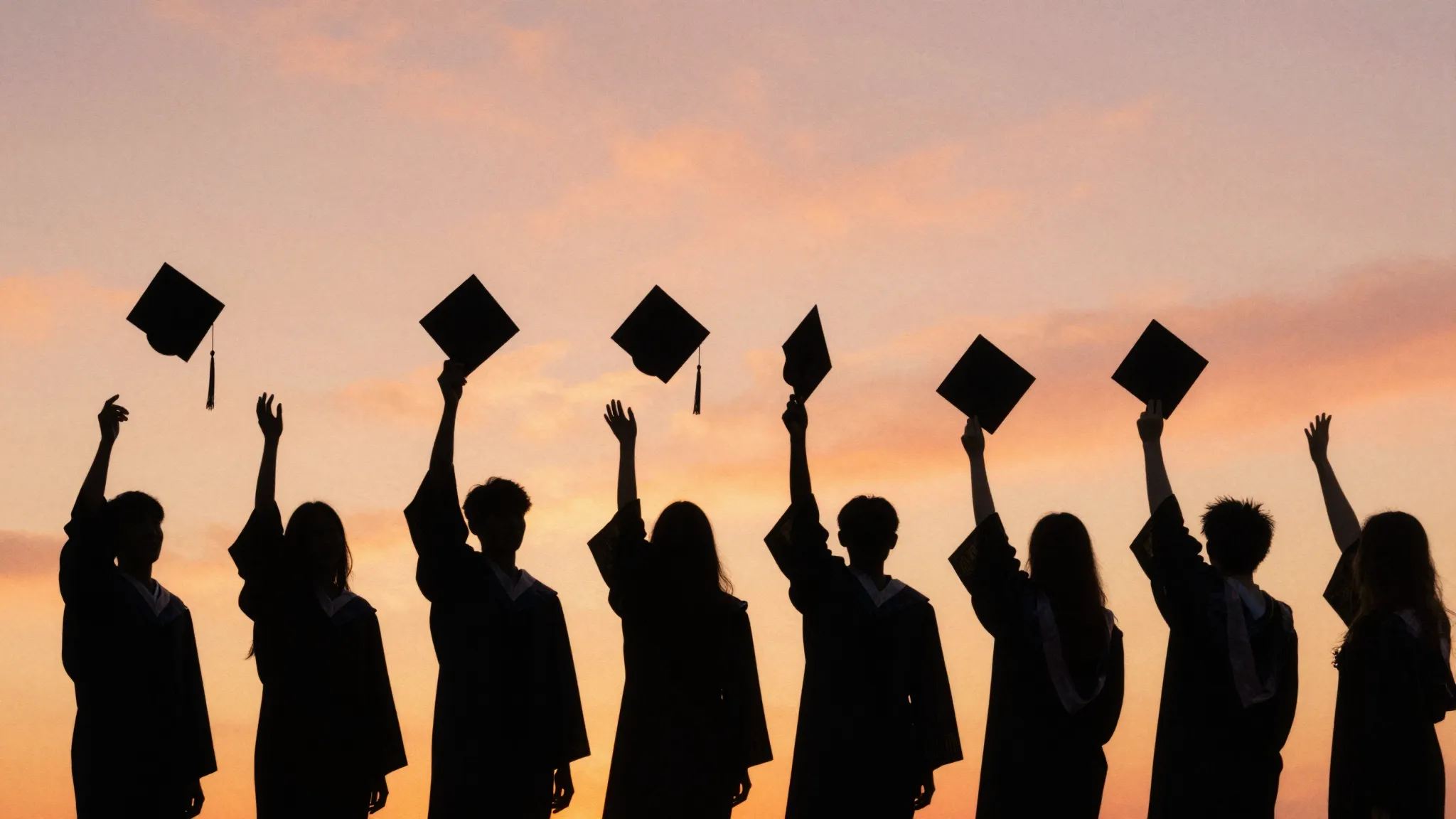 Watercolor style. Silhouette of graduates throwing square ac...