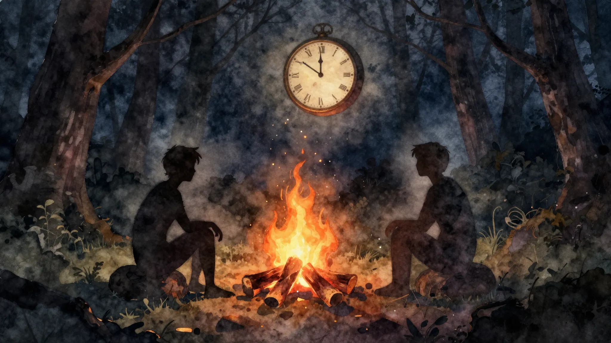 Watercolor style. Silhouette of two figures sitting by a cam...