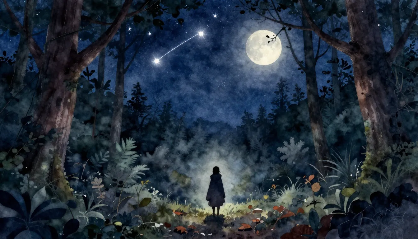 Watercolor style. Magical night forest, dense thicket, starr...