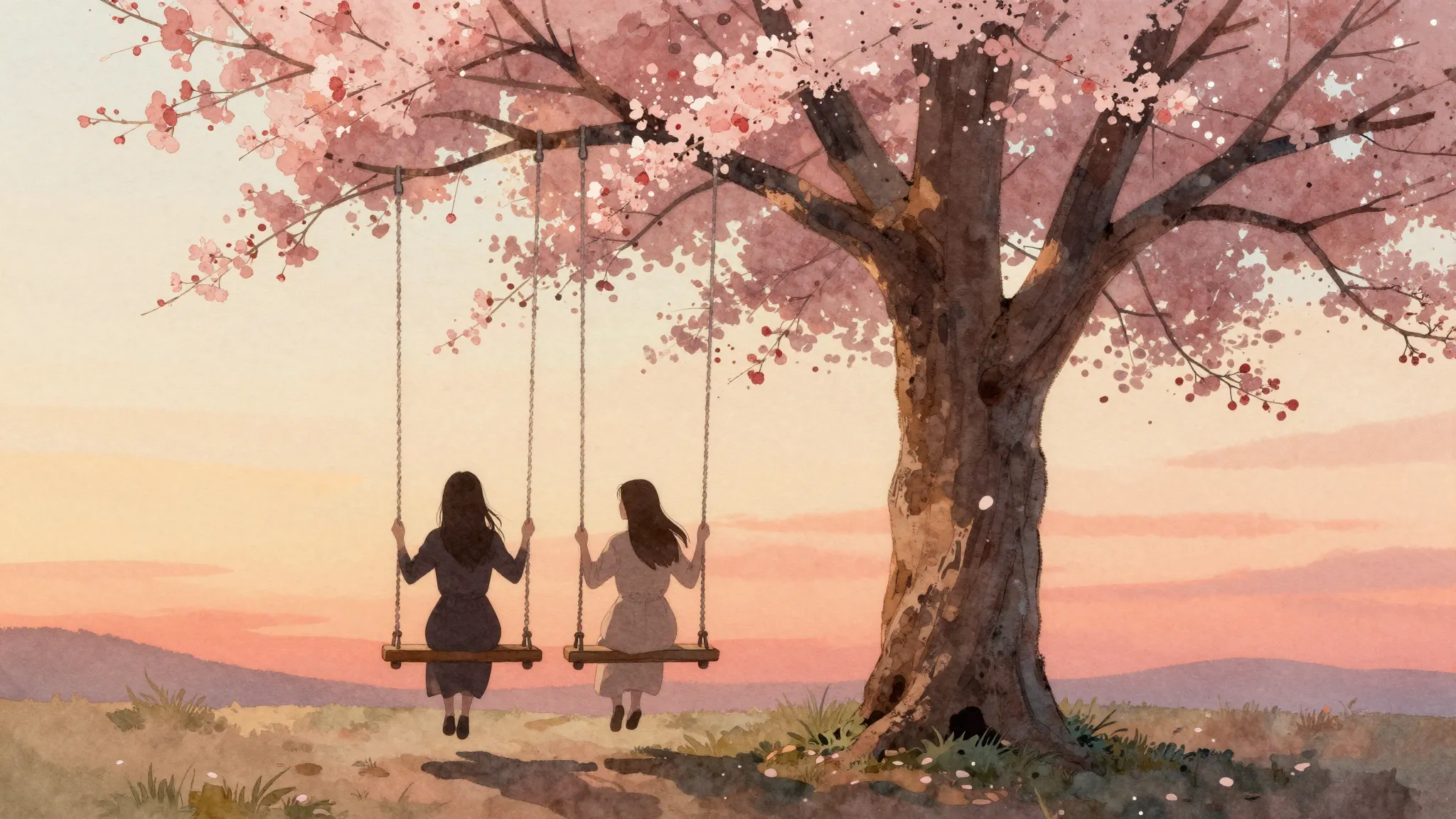 Watercolor style. Two female silhouettes sitting on a wooden...