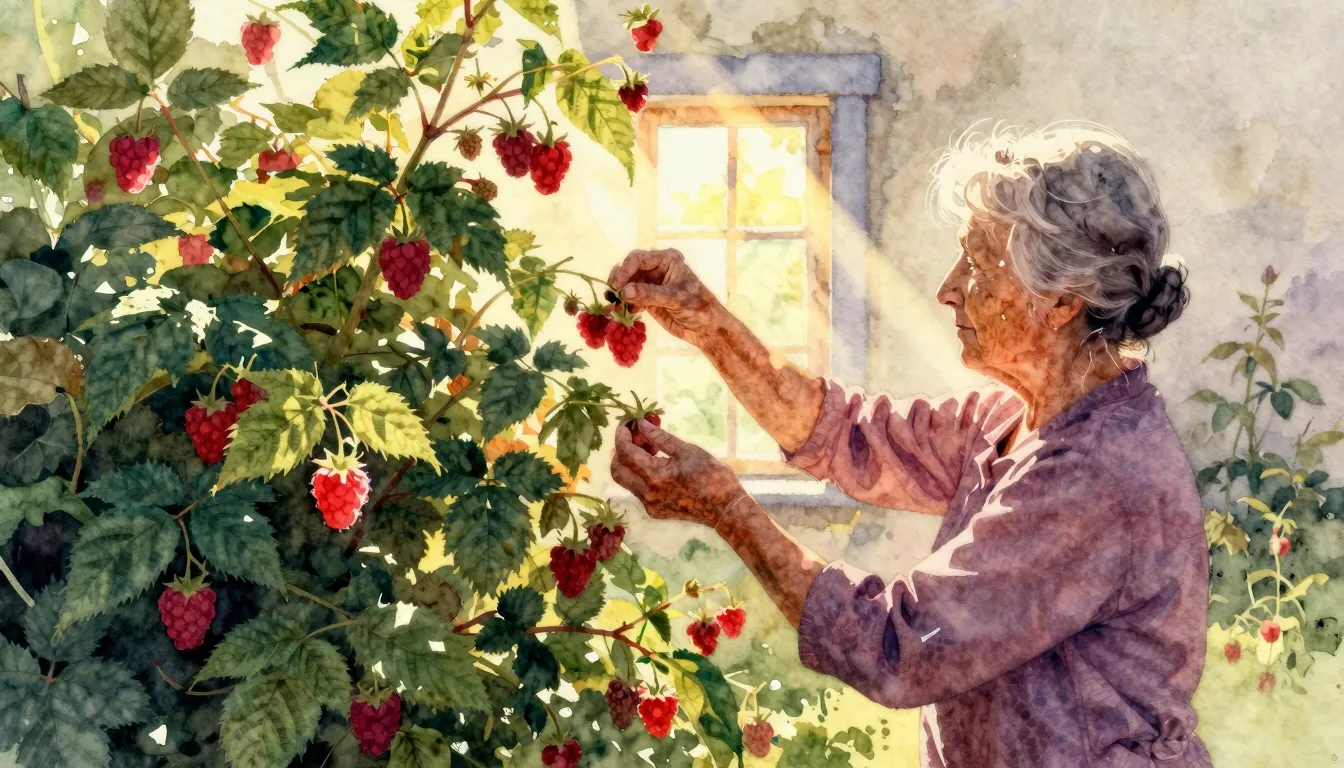 Watercolor style. A silhouette of an elderly woman picking b...