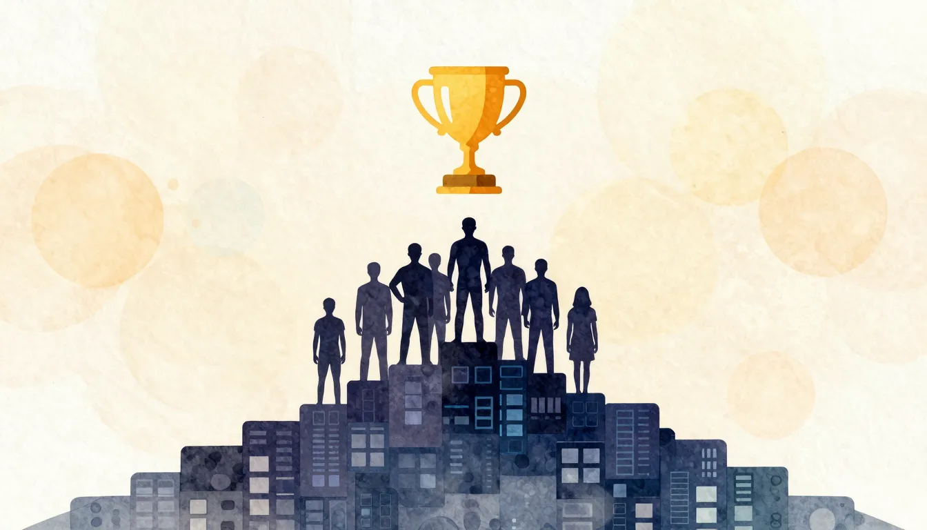 Watercolor style. Stylized silhouette of a team standing on ...