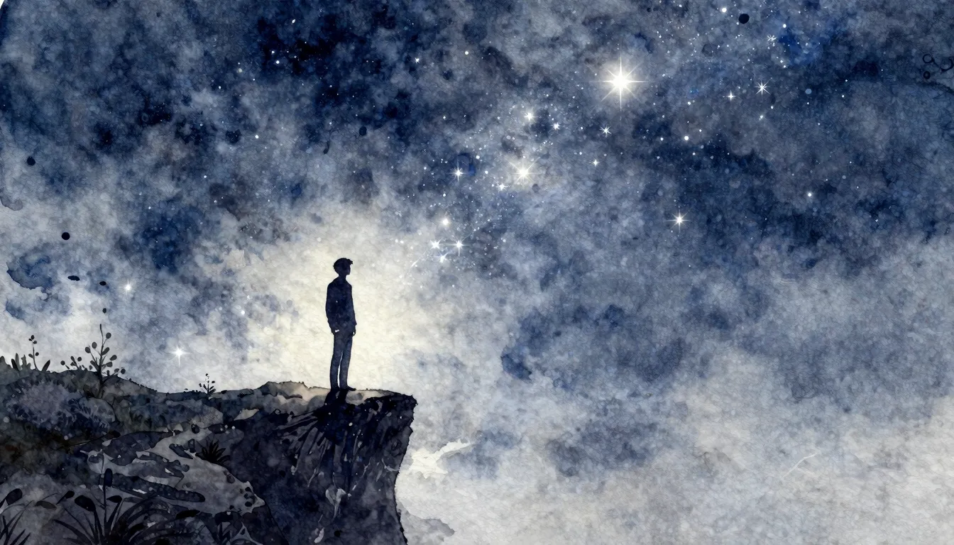 Watercolor style. A lonely silhouette standing on a cliff un...