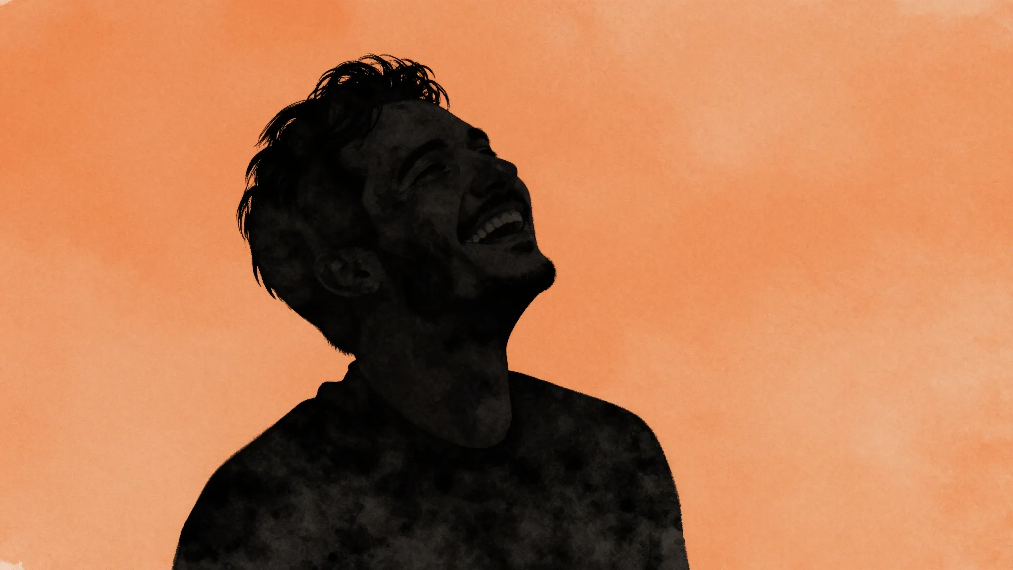 Watercolor style. Black silhouette of a man laughing, head t...