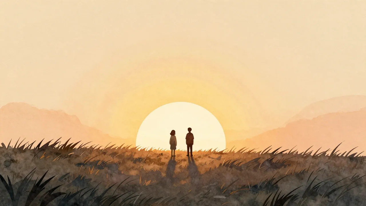 Watercolor style. Two small silhouettes standing on a grassy...