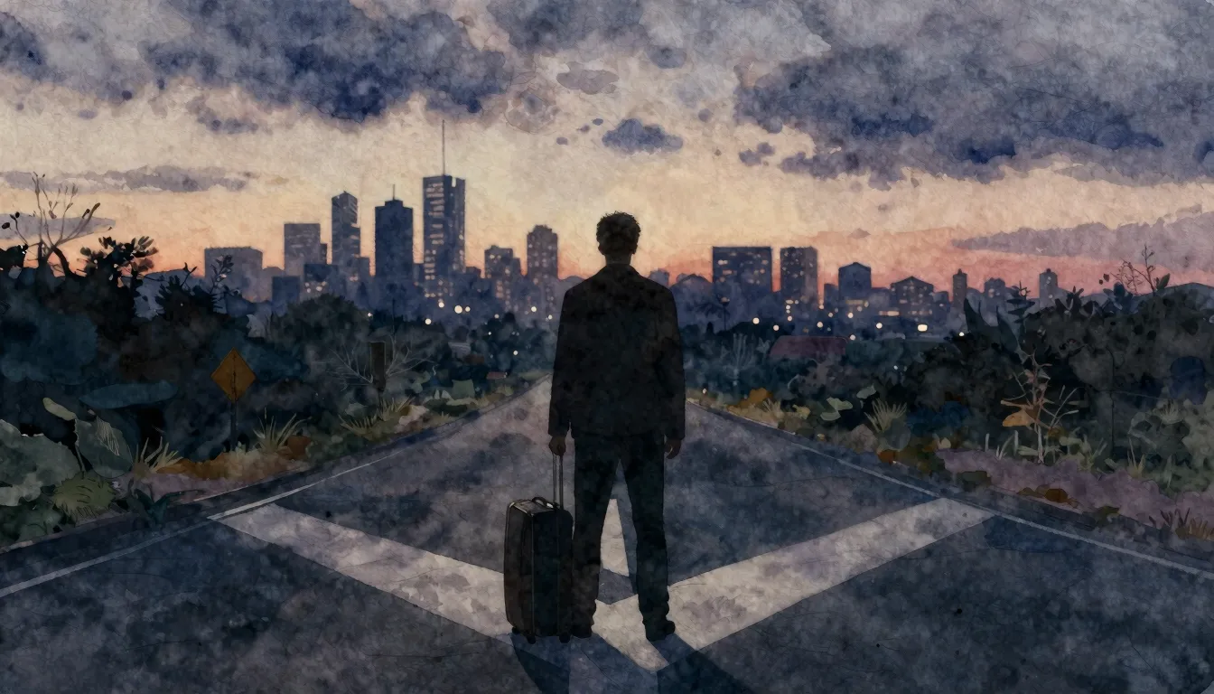 Watercolor style. A lone silhouette of a man stands at a cro...