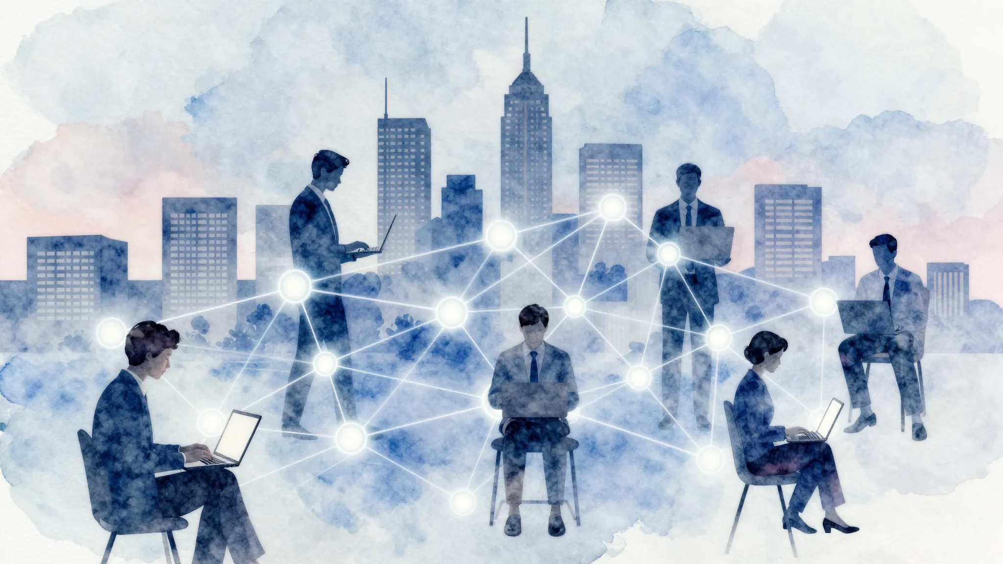 Watercolor style. Abstract business concept, glowing network...