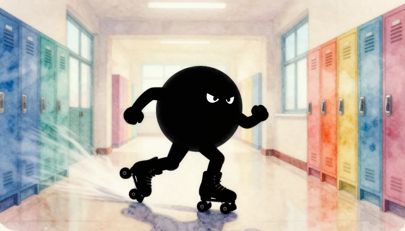 Watercolor style. A silhouette of a round, grumpy character ...