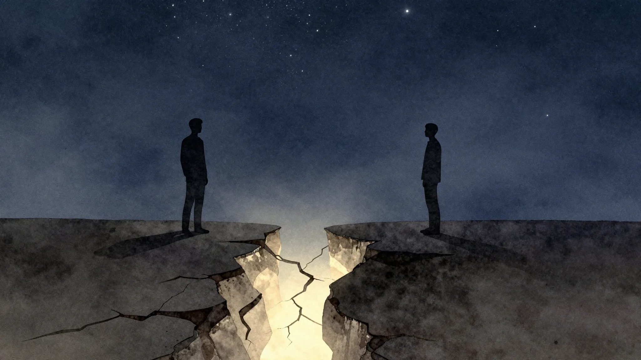Watercolor style. Two dark silhouettes standing on opposite ...
