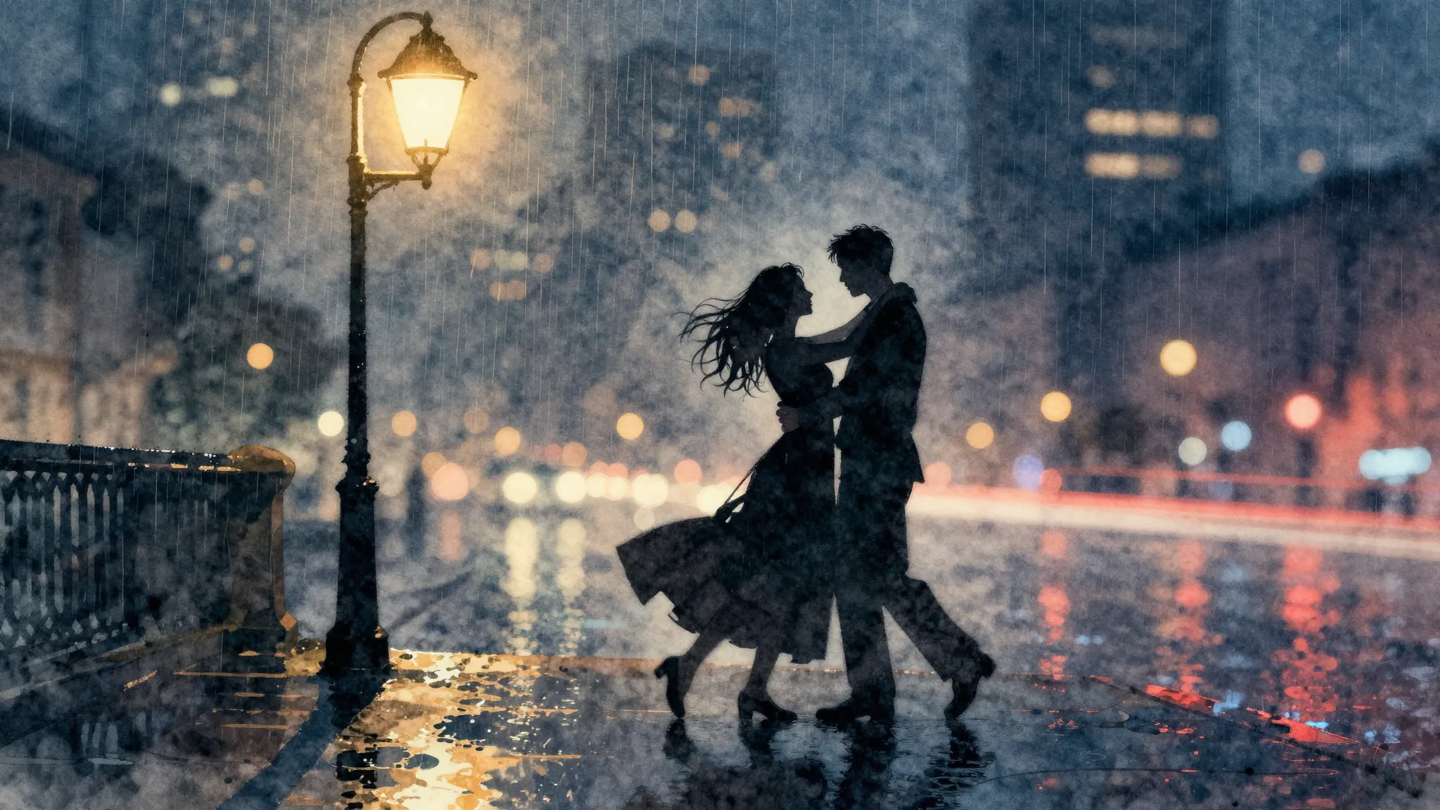 Watercolor style. Silhouette of a couple dancing under a str...