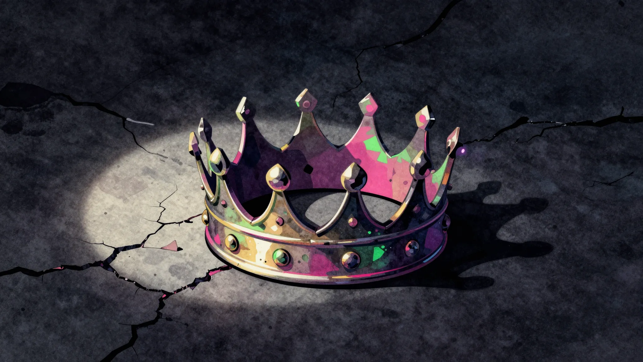 Watercolor style. A broken crown lying on a dark, cracked fl...