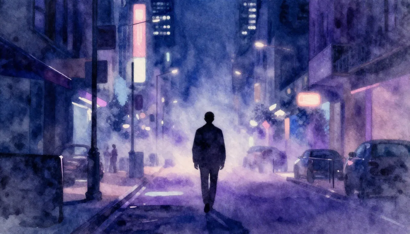 Watercolor style. Dark silhouette of a lone figure in a neon...