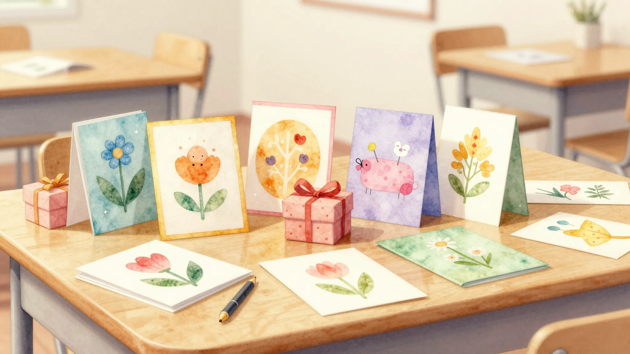 Watercolor style. A cozy classroom scene with a table full o...