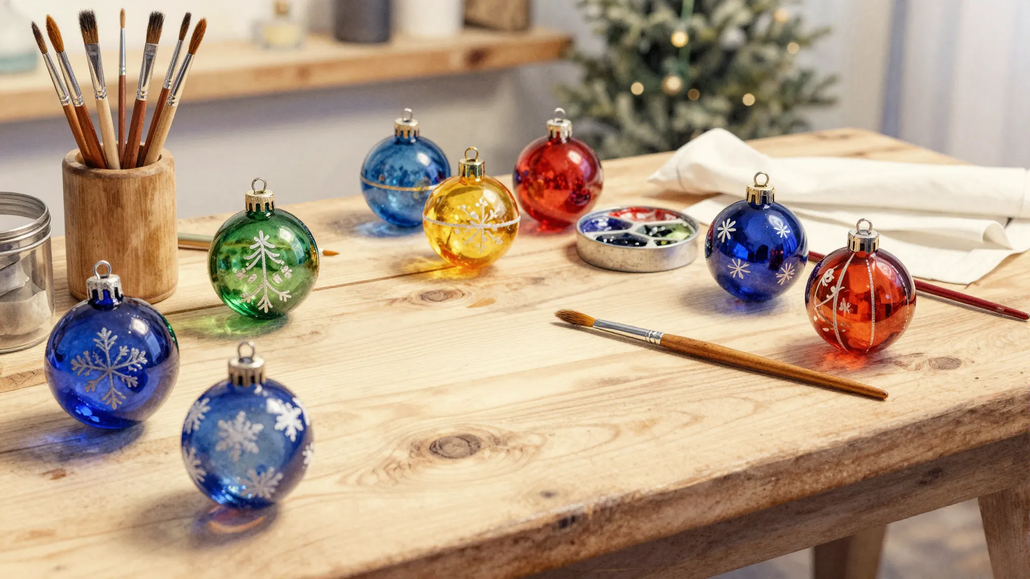 Watercolor style. A cozy workshop with colorful glass Christ...