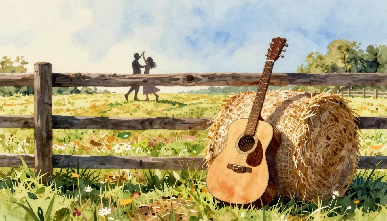 Watercolor style. A bright sunny field with a wooden fence, ...