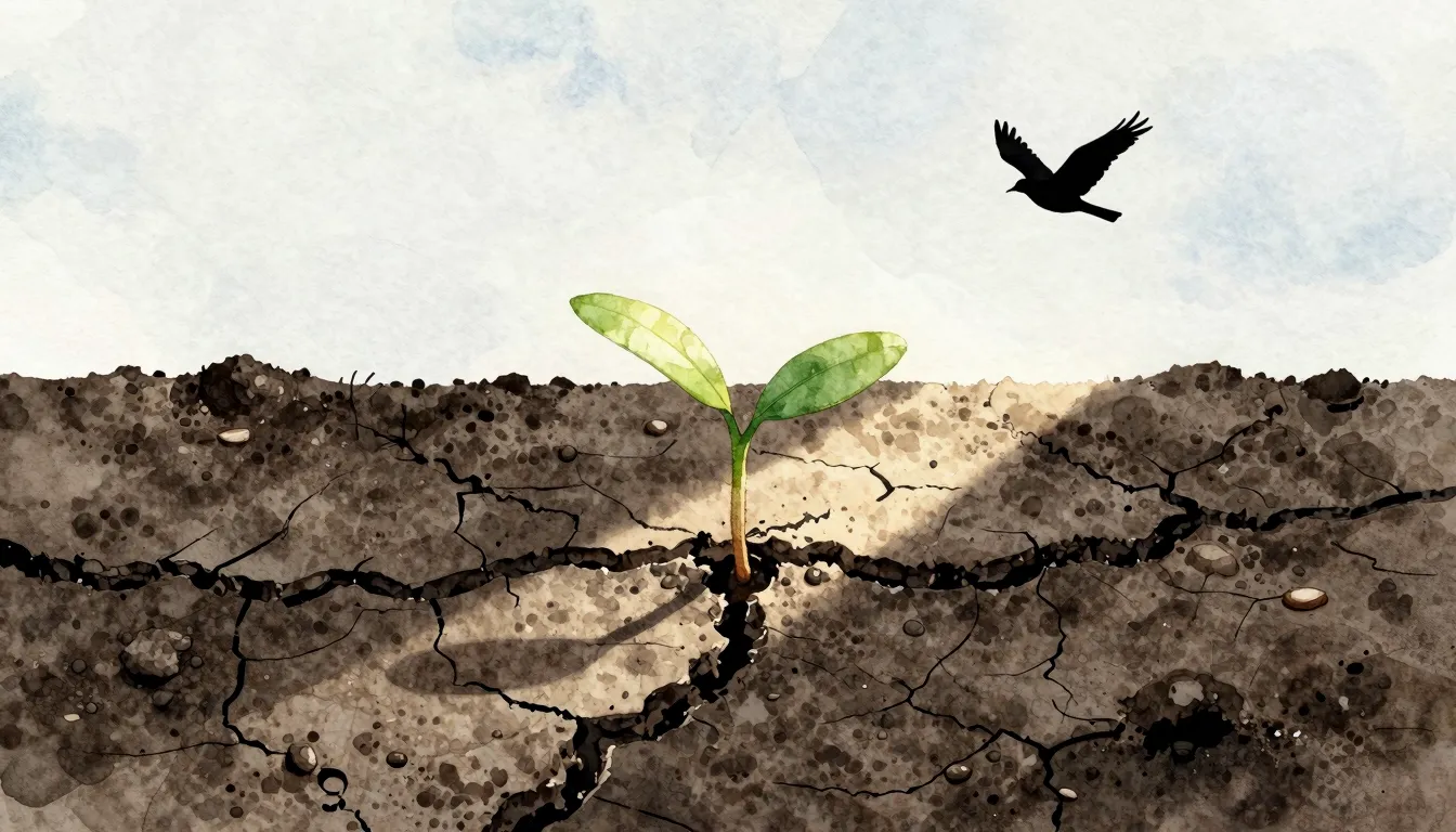 Watercolor style. A fragile sprout breaking through dark, cr...