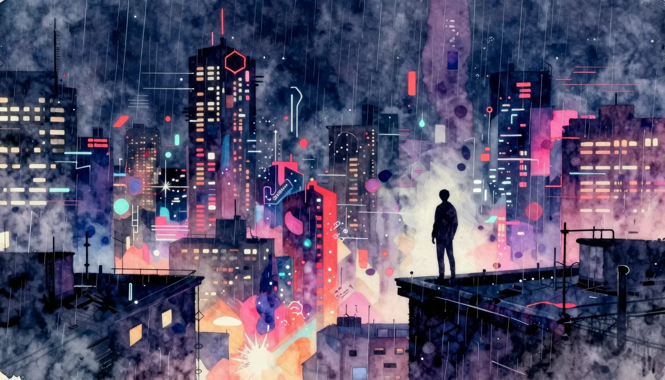 Vibrant watercolor style. Cyberpunk album cover. Neon city a...