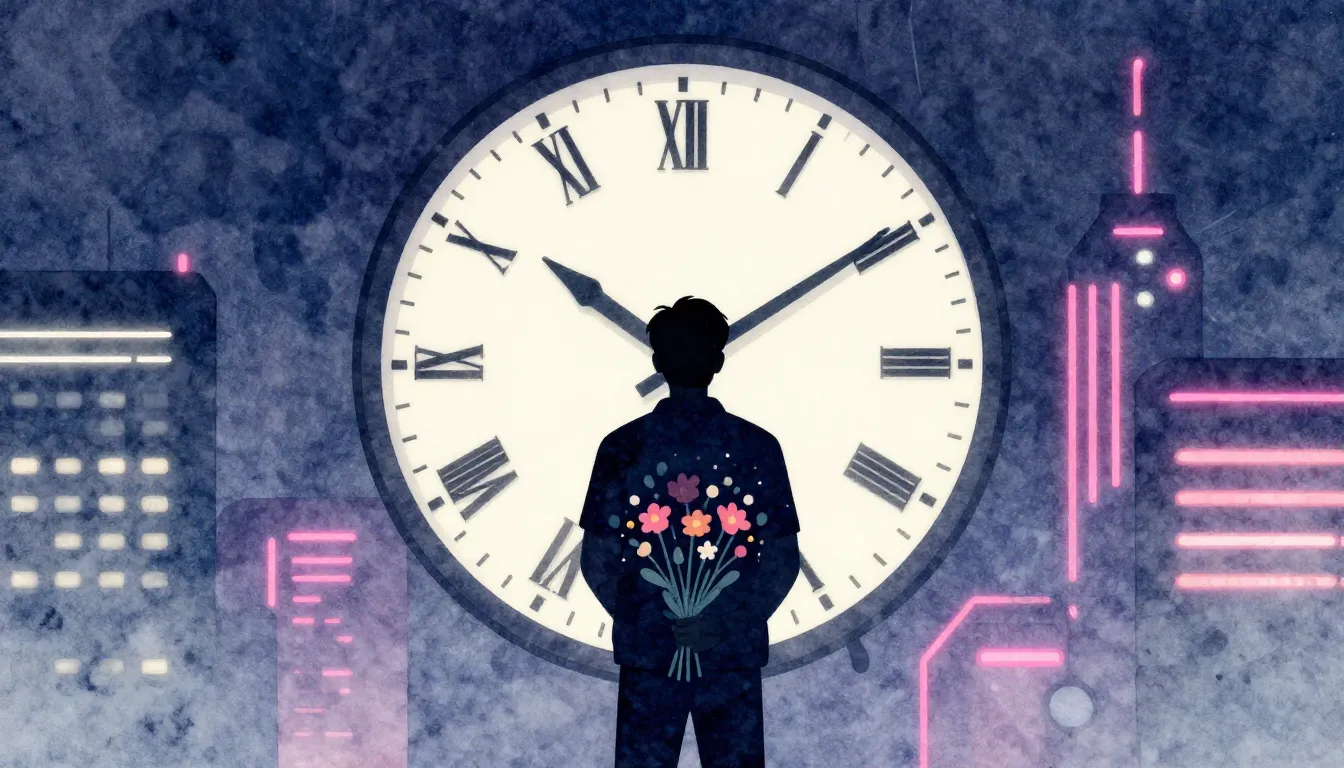 Watercolor style. A silhouette of a man hiding behind a gian...