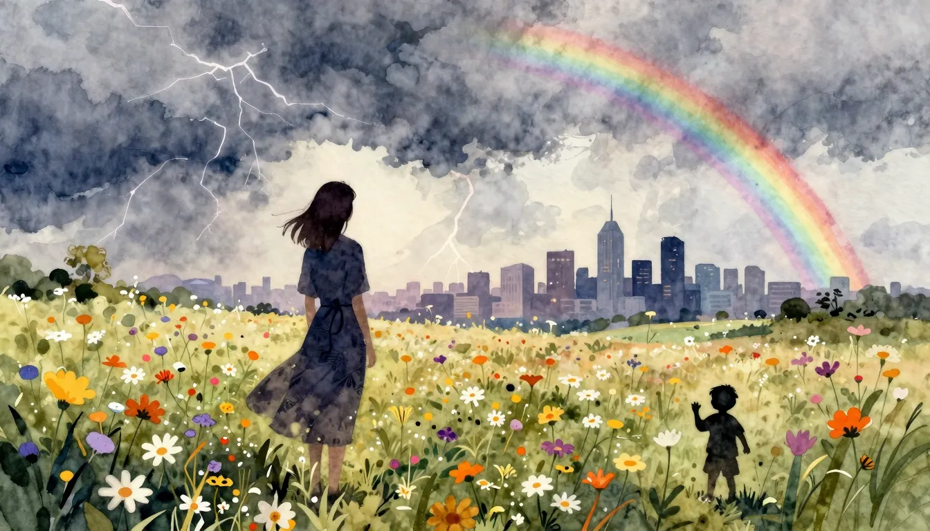 Watercolor style. A silhouette of a woman stands in a field ...